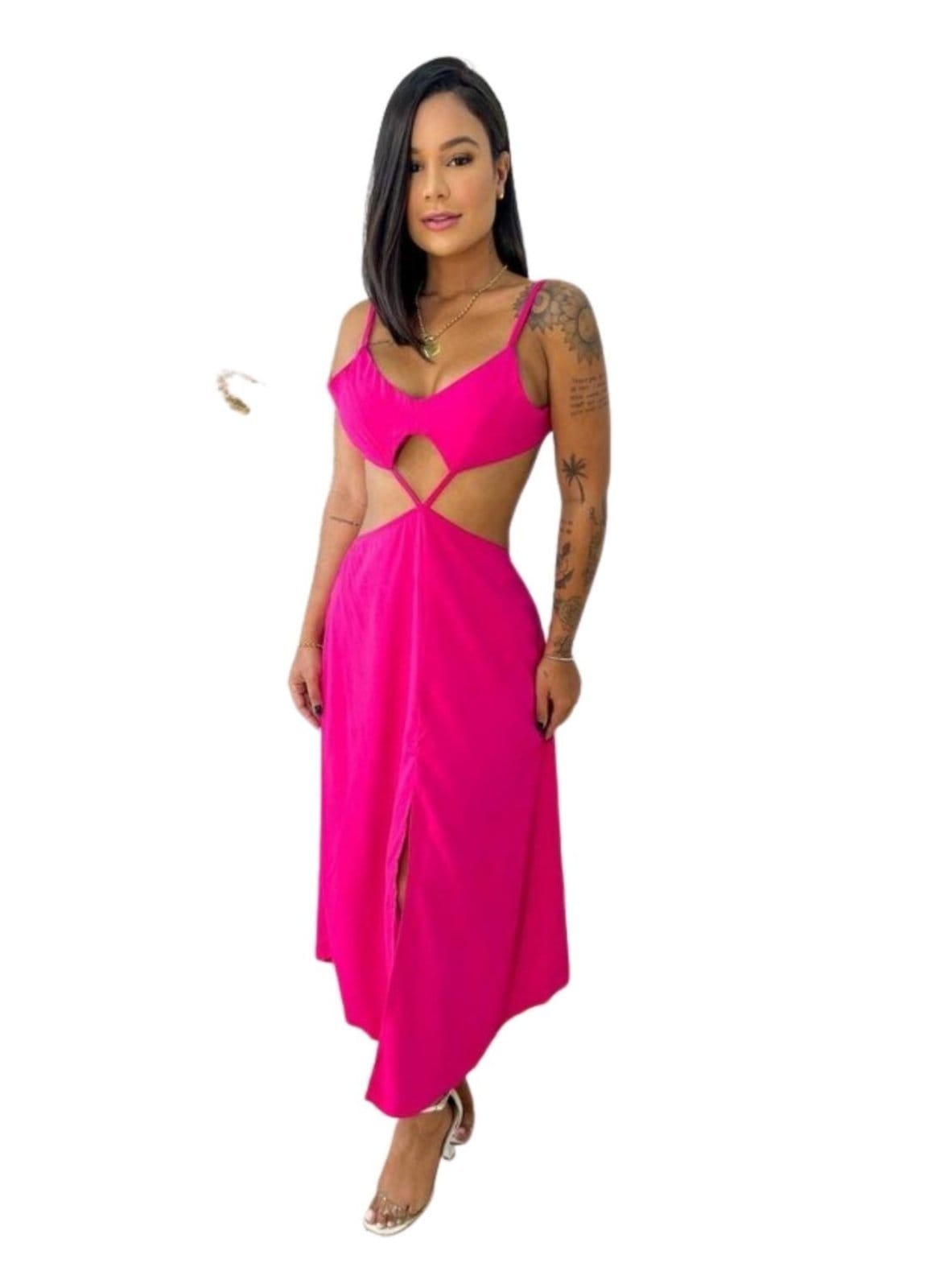 Vestido Midi Viscose Abertura Laço Amarração Rosa