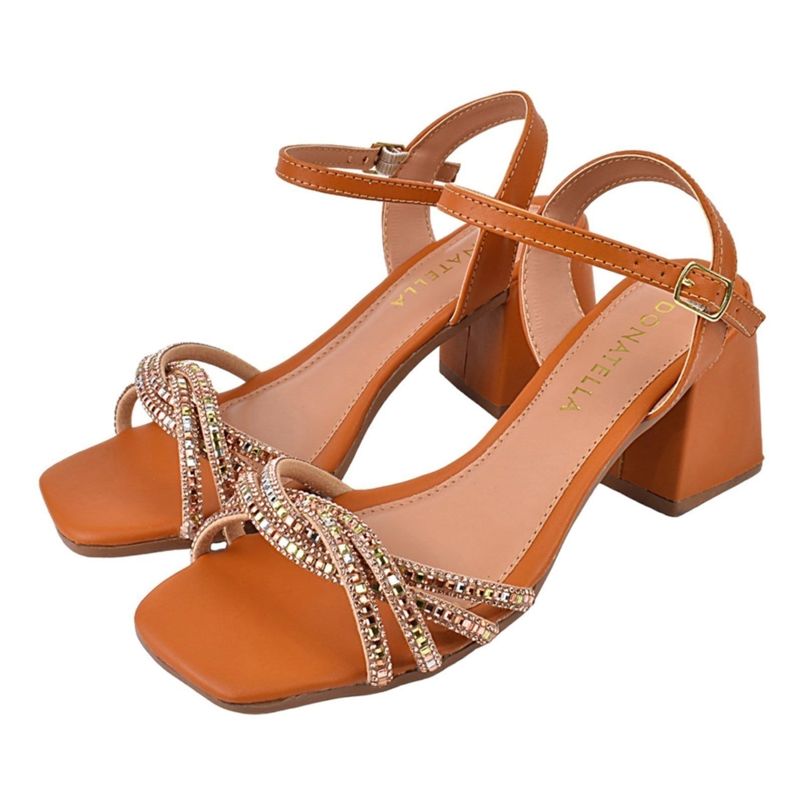 Sandália Feminina Salto Alto Brilho Pedraria Donatella Shoes Bico Quadrado Festa Santorine