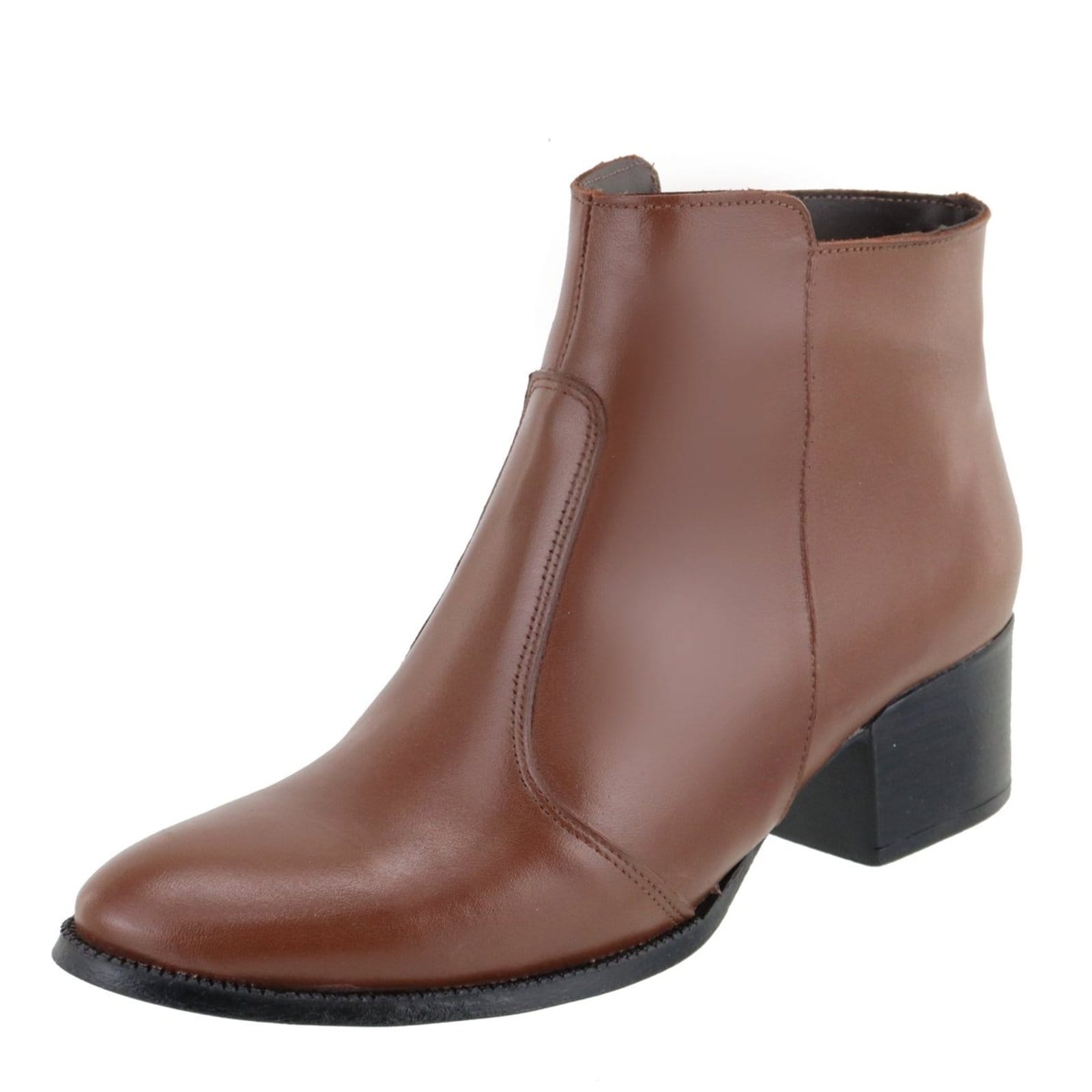 Bota em Couro Feminina Salto Cano Baixo Bico Fino Conhaque