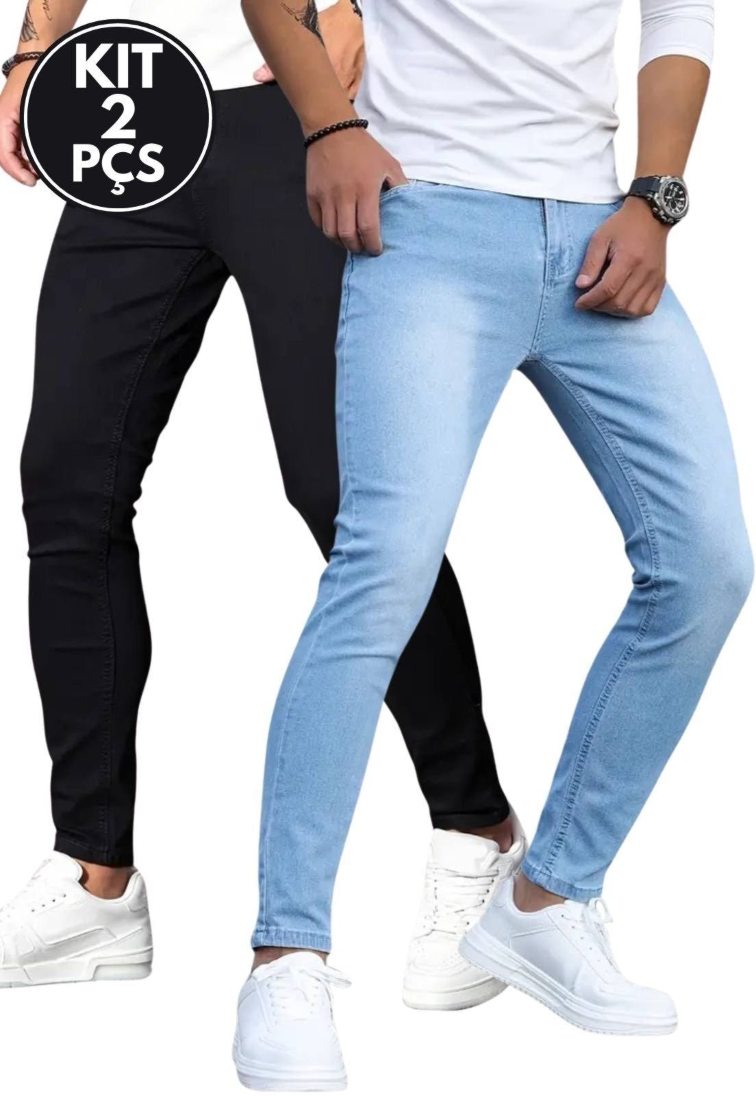 Imagem principal Kit 2 Calças Jeans Masculinas Elegantes Skinny Preta e Delavê Tecido Premium TEX JEANS branco/preto