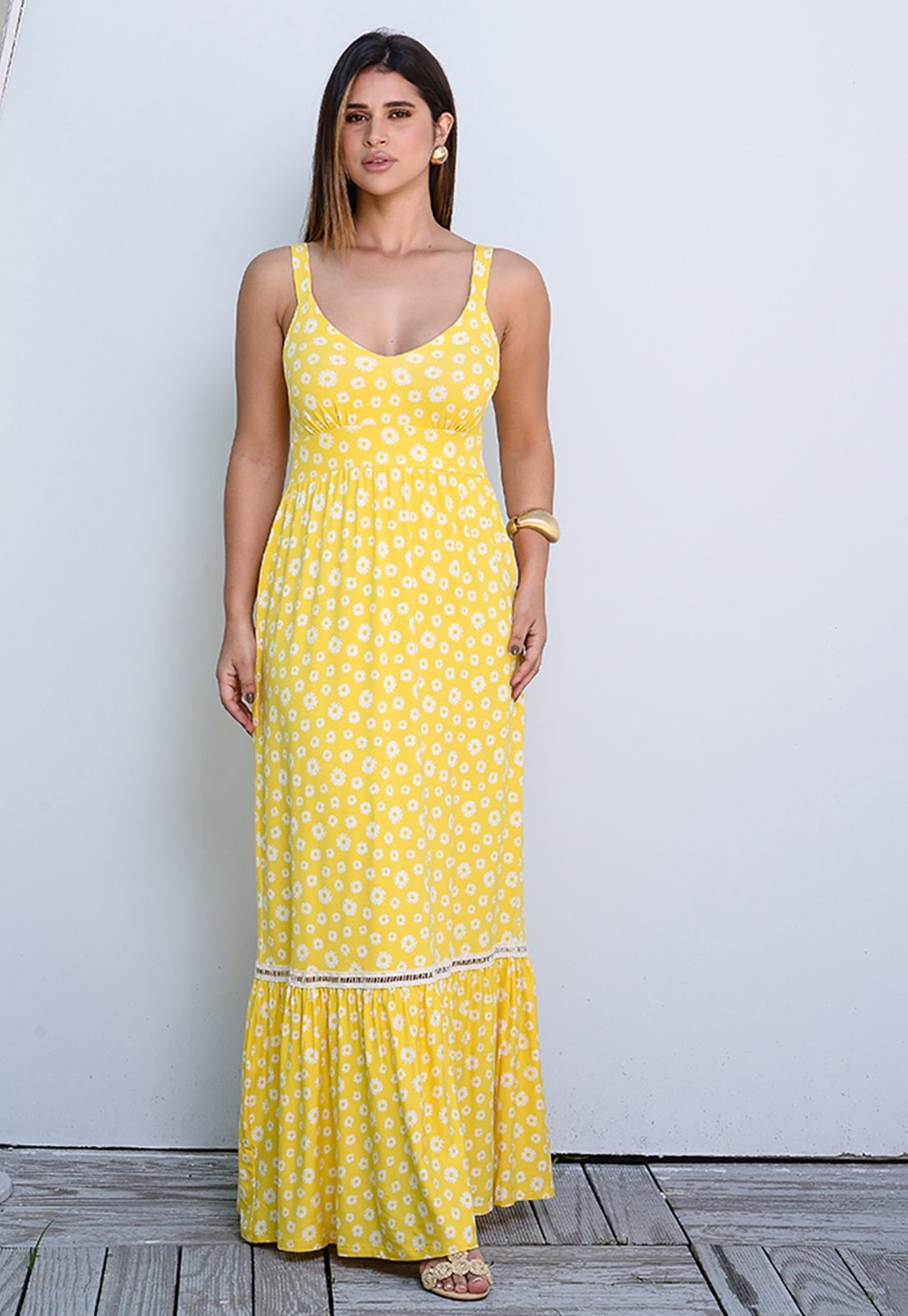 Imagem principal Vestido Longo Alça Barra Guipir com Bojo BBonnie Sarah Amarelo BBonnie floral