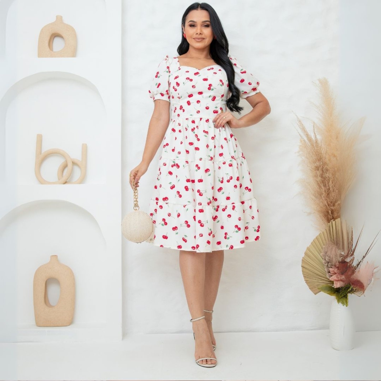 Imagem principal Vestido Midi com Estampa de Cerejas e Manga Bufante Moda Modesta Evangelica - REF: Nubia Bar Sons Fashion branco