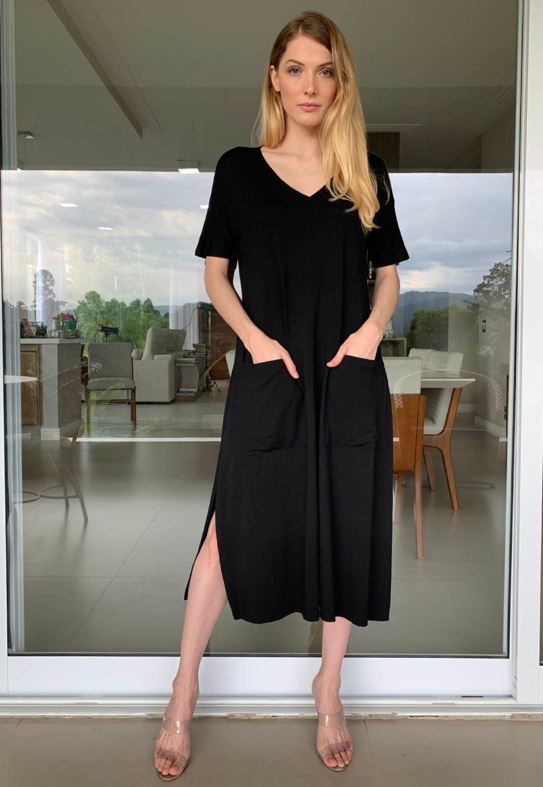 Vestido Midi Amazonia Vital Reto Malha com Bolso na Frente