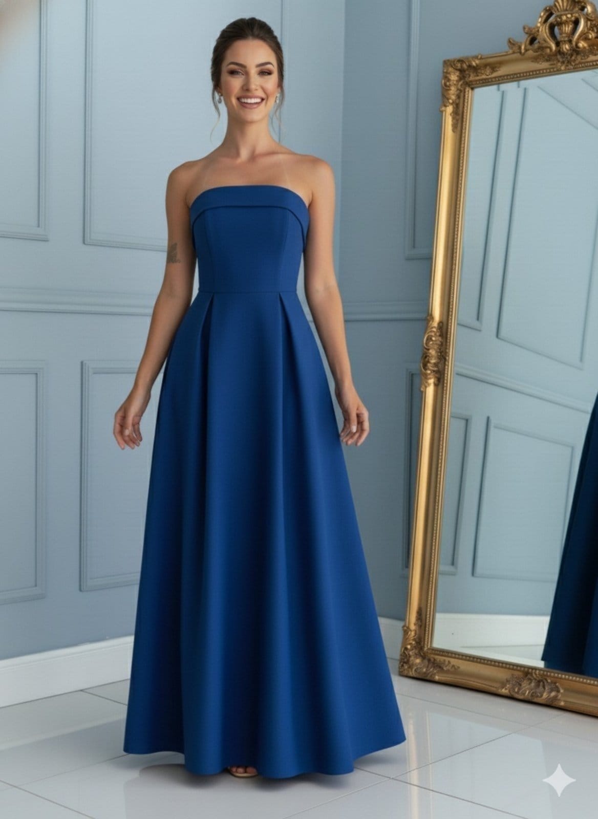 Vestido Longo com Pregas Decote Reto Festa Madrinha Linho Misto Royal