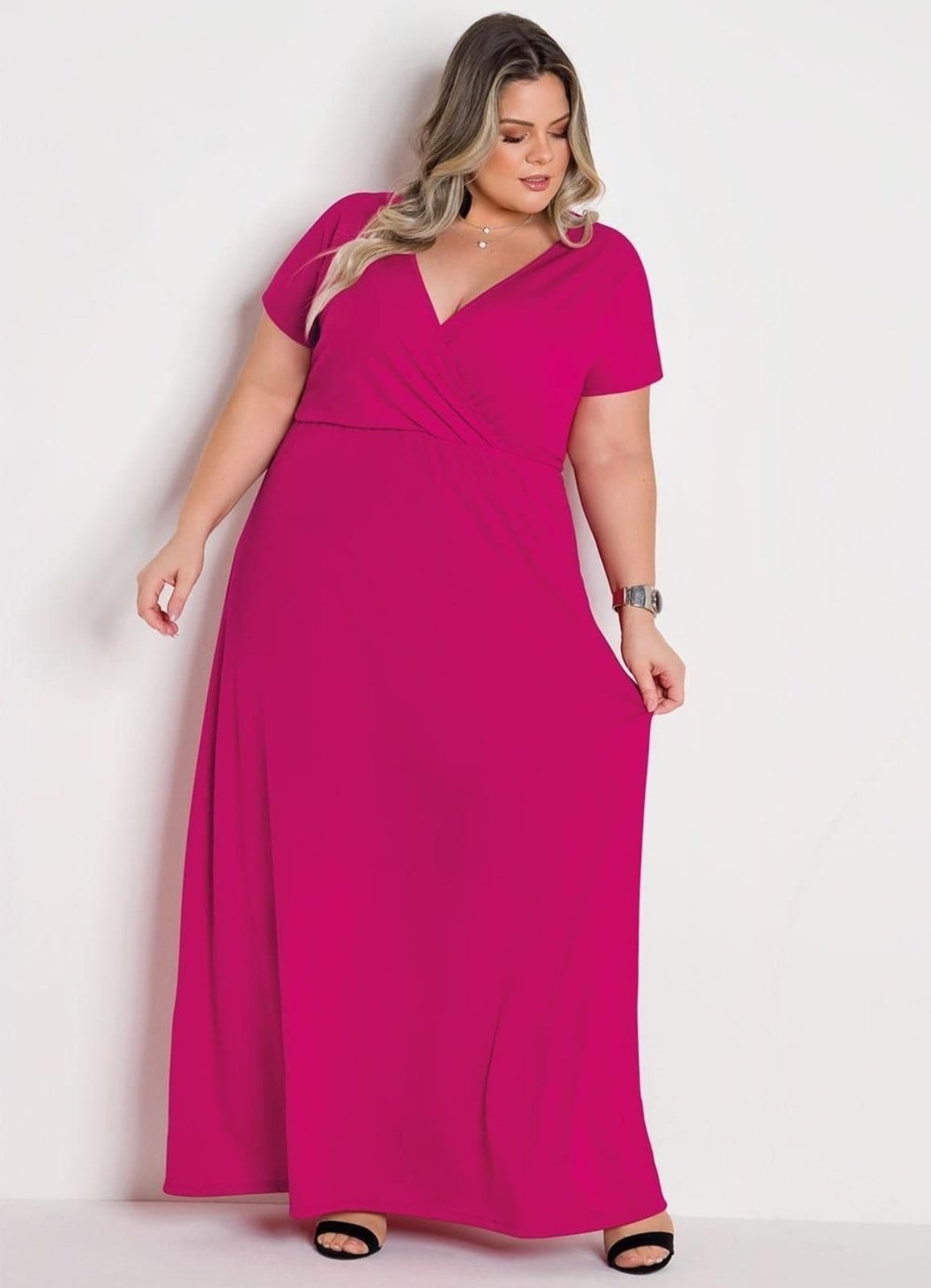 Vestido Longo Transpassado Plus Size Pink
