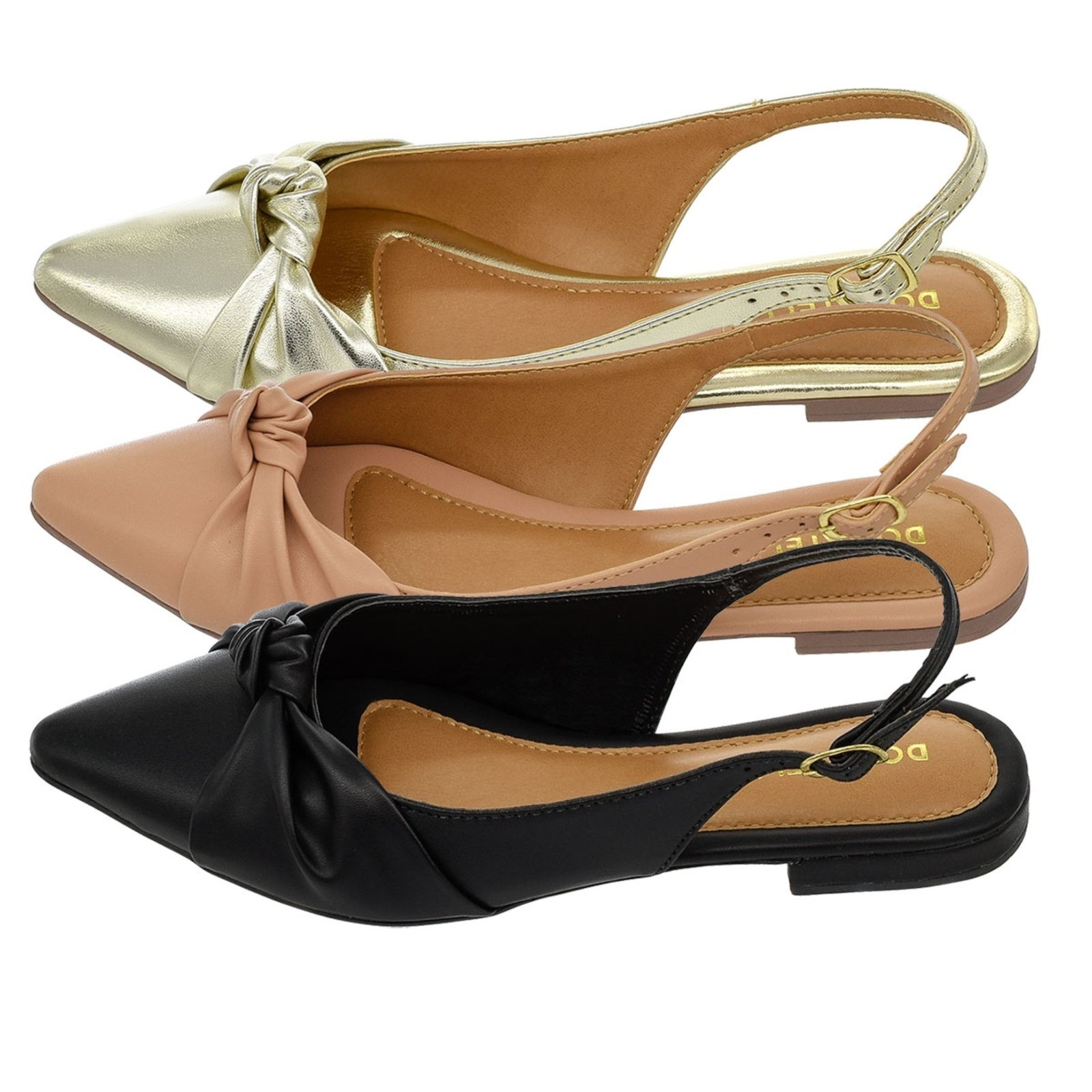 Imagem principal Kit 3 Pares Sapatilha Feminina Bico Fino Mule Slingback CM Calçados Nó Preto, Ouro Light e Nude Monte Shoes preto nude